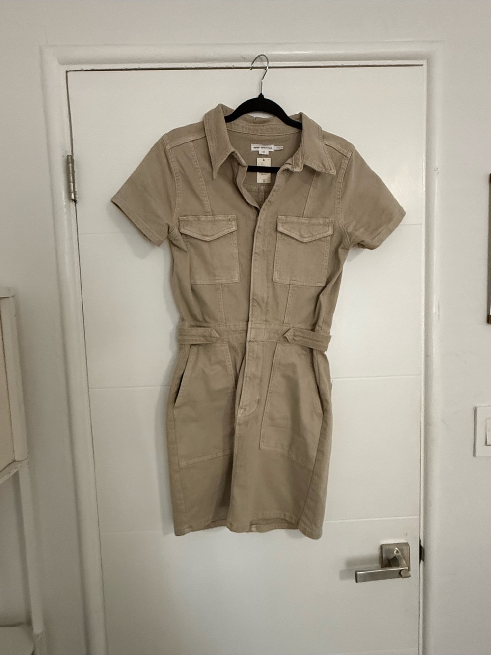 Good American Tan Utility Shirt Dress with Collar